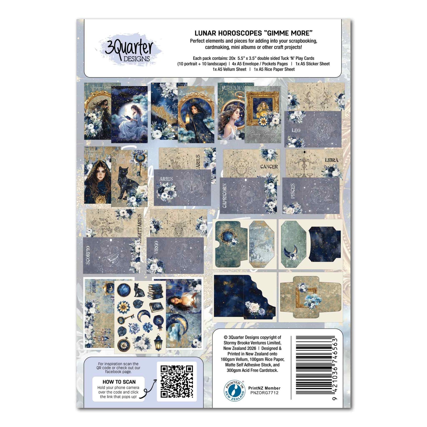 Lunar Horoscopes Gimme More Pack back showing all 20 card designs, pocket pages, sticker sheet and specialty sheets with full contents list