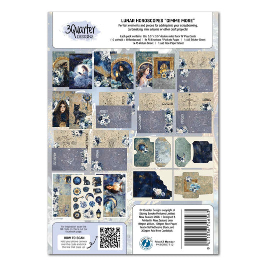 Lunar Horoscopes Gimme More Pack back showing all 20 card designs, pocket pages, sticker sheet and specialty sheets with full contents list