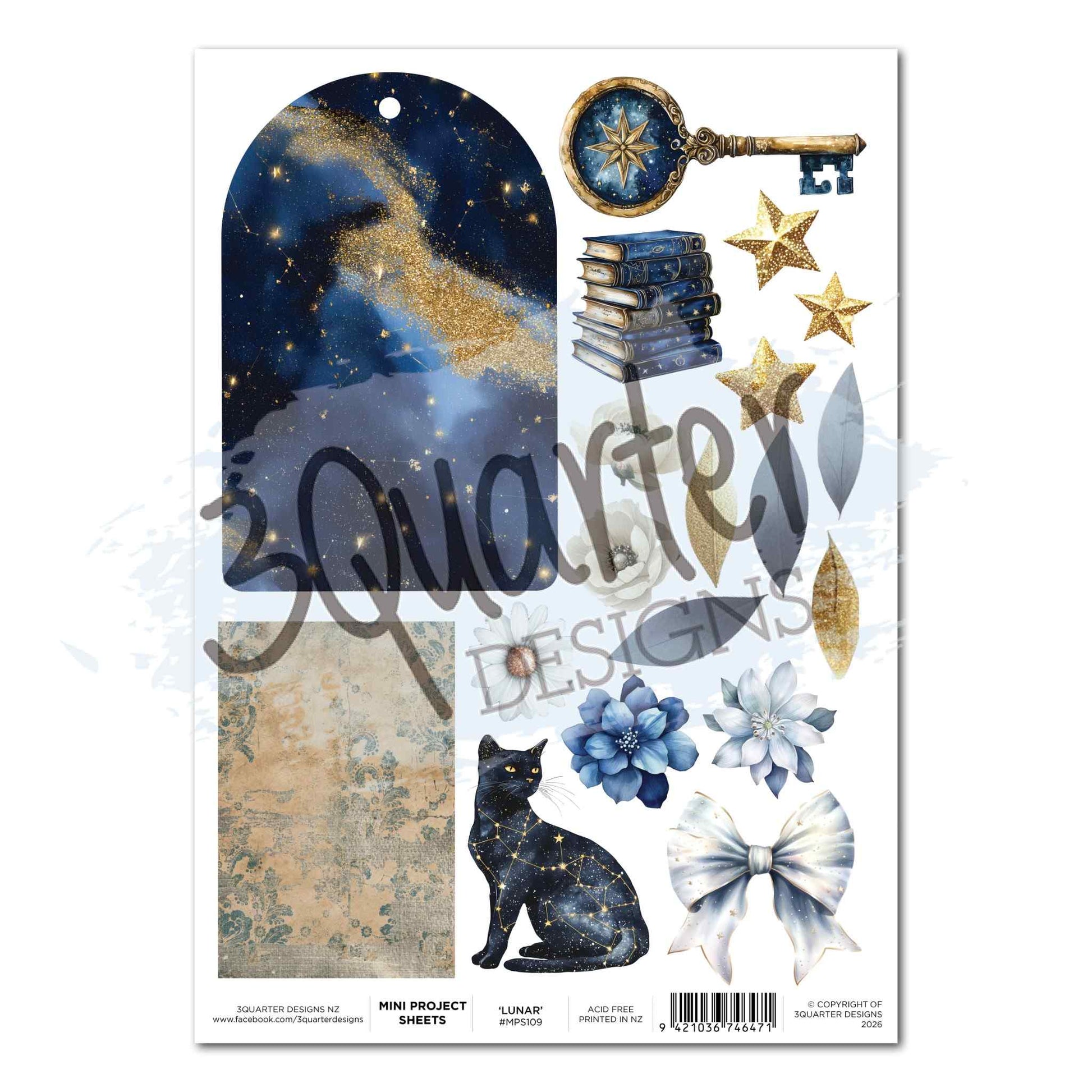 Lunar Horoscopes Mini Project Sheet MPS109 with starry arched tag, compass key, stacked books, gold stars, black cat, blue lotus, white flower and silver bow