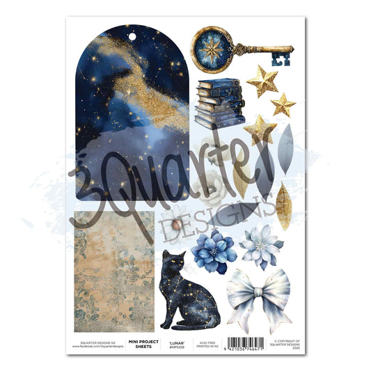 Lunar Horoscopes Mini Project Sheet MPS109 with starry arched tag, compass key, stacked books, gold stars, black cat, blue lotus, white flower and silver bow
