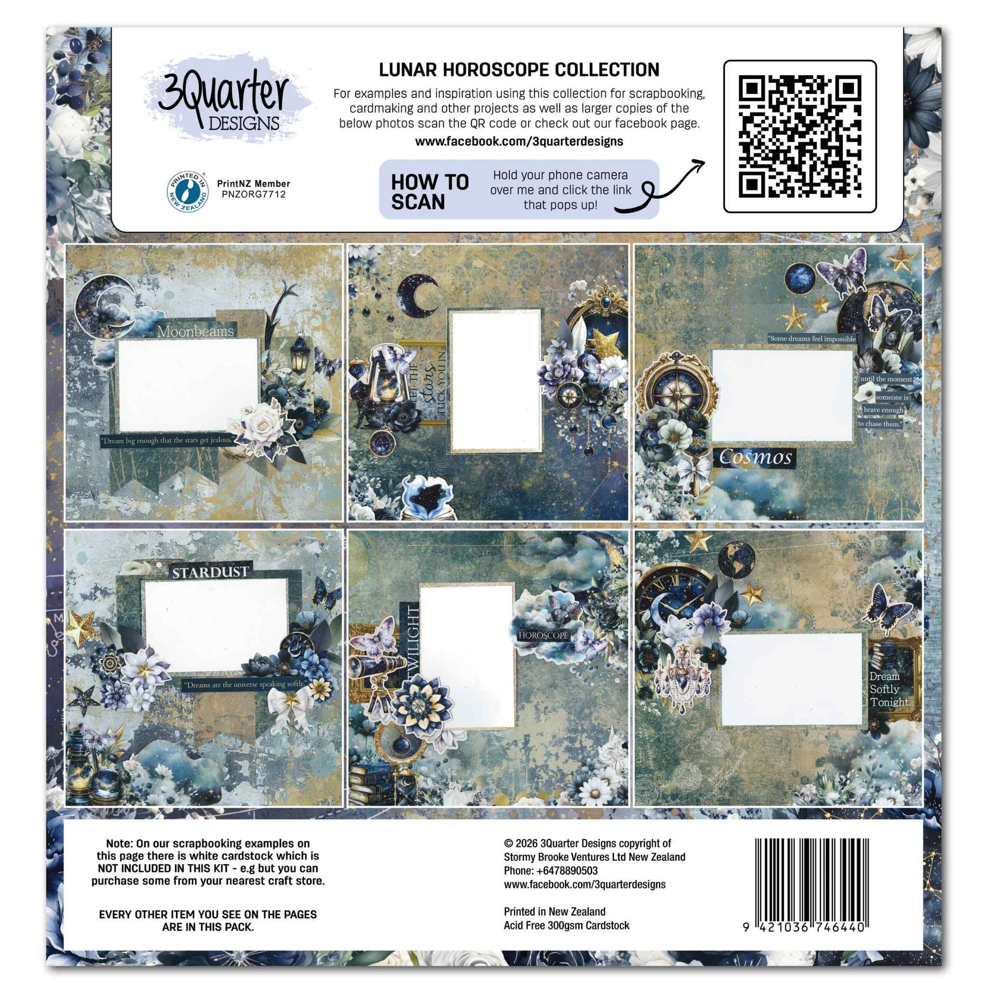 3Quarter Designs Lunar Horoscopes Collection Kit packaging back showing six completed scrapbook layout examples with Moonbeams, Cosmos, Stardust, Twilight, Horoscope and Dream Softly Tonight sentiments