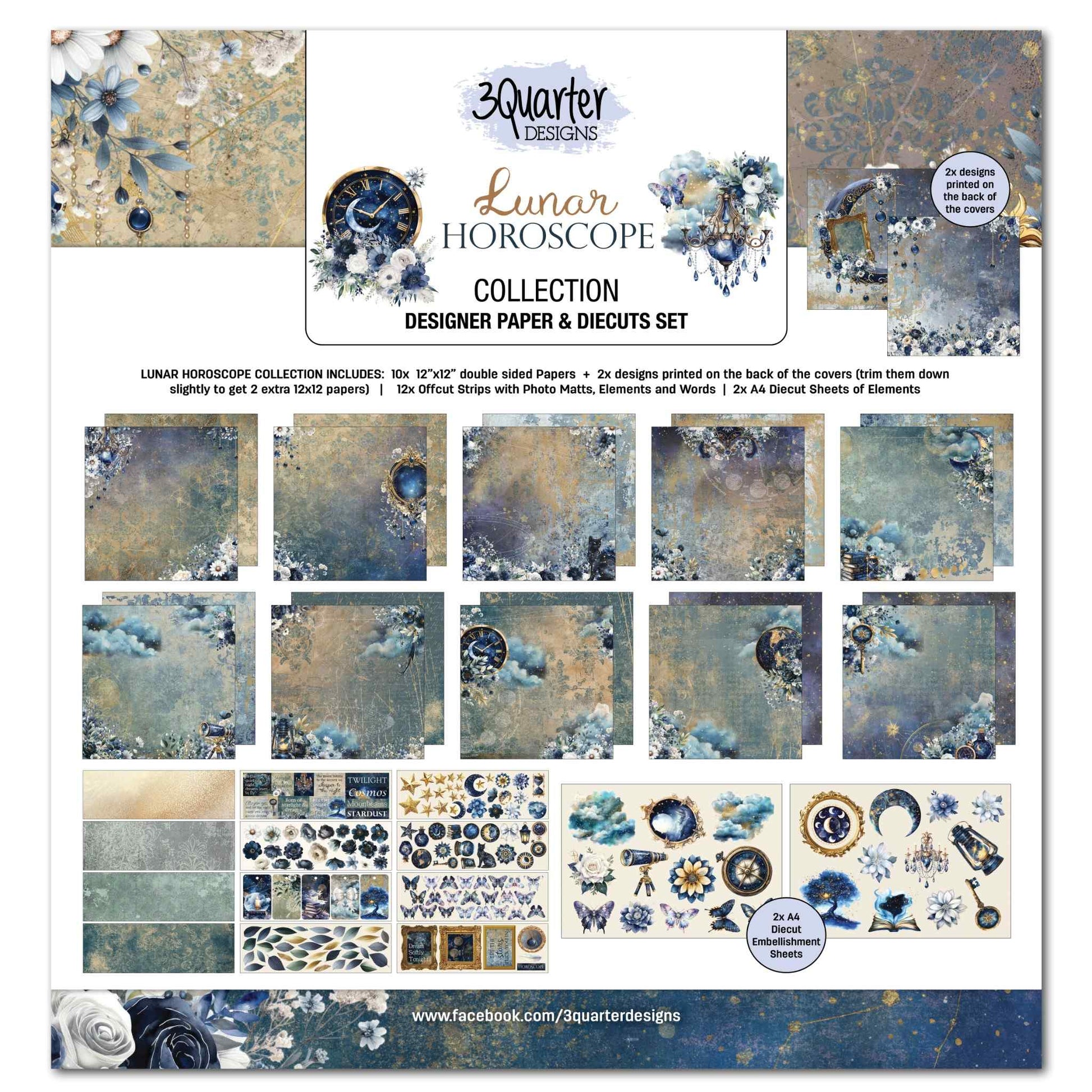 3Quarter Designs Lunar Horoscopes 12x12 Scrapbook Collection Kit cover showing all 10 double-sided papers, offcut strips, and 2 A4 die-cut embellishment sheets in deep blue and gold celestial palette