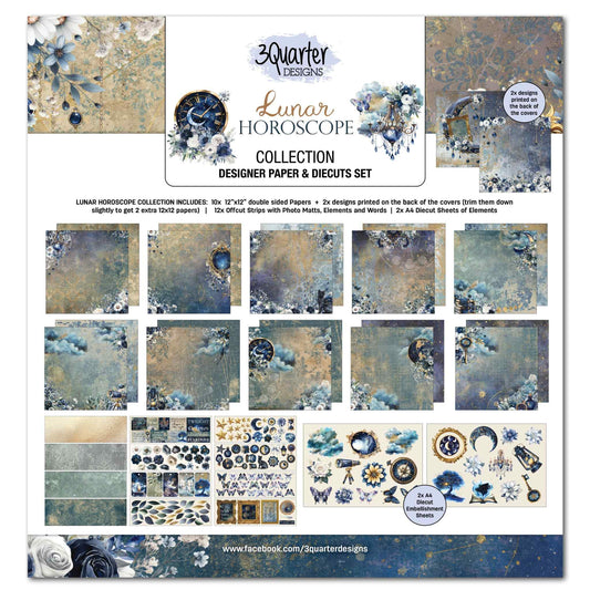 3Quarter Designs Lunar Horoscopes 12x12 Scrapbook Collection Kit cover showing all 10 double-sided papers, offcut strips, and 2 A4 die-cut embellishment sheets in deep blue and gold celestial palette