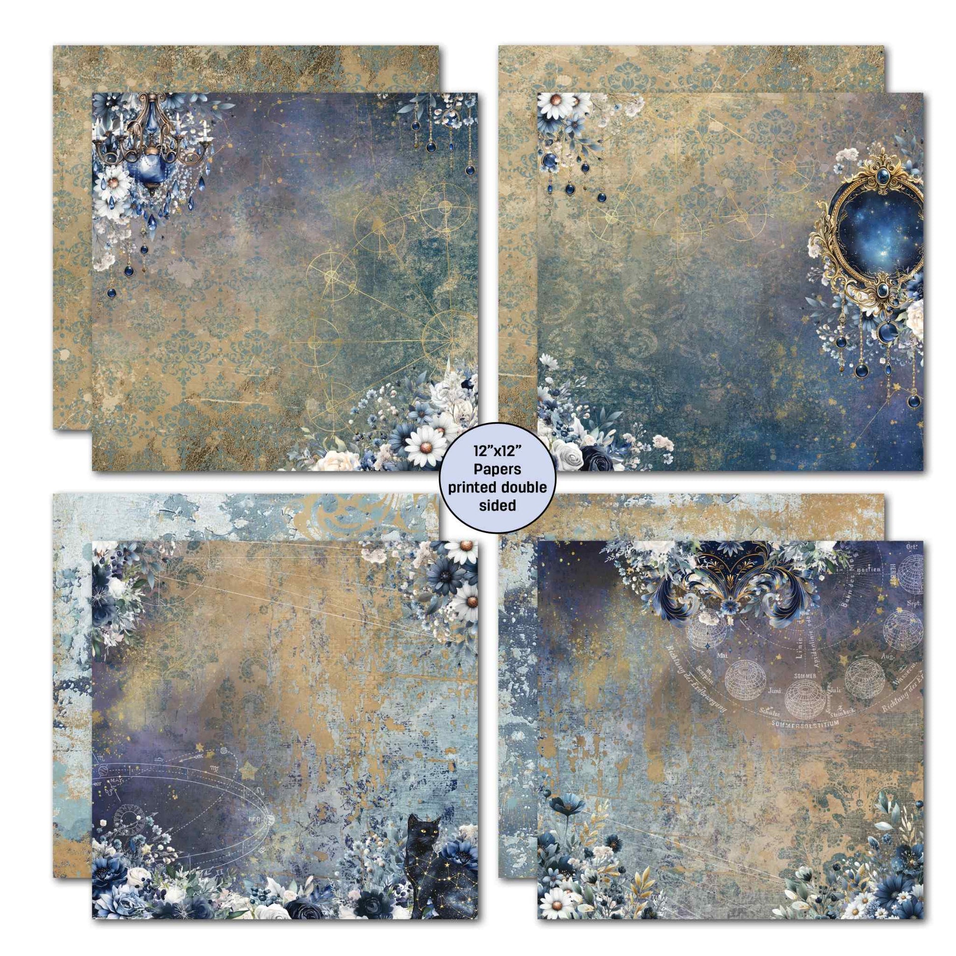 Lunar Horoscopes 12x12 double-sided scrapbook papers showing deep blue and gold celestial designs with ornate chandelier, gold mirror, black cat, floral and star constellation motifs printed double sided