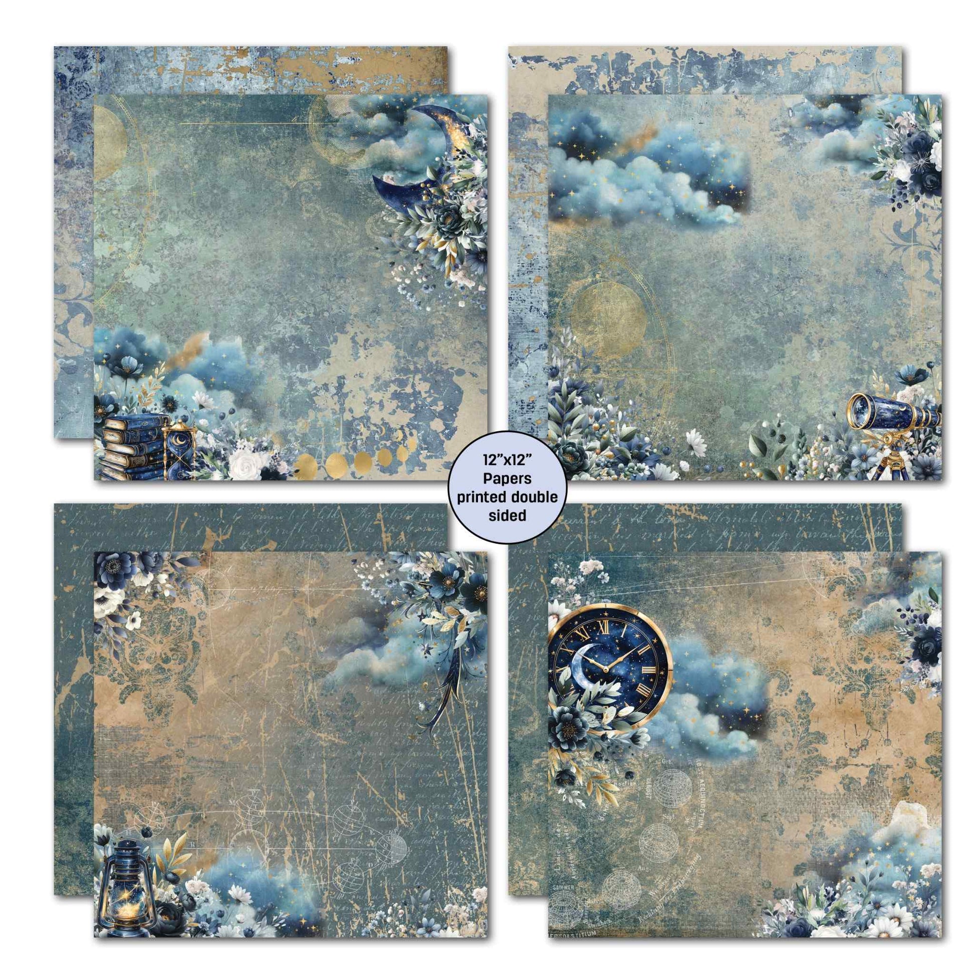 Lunar Horoscopes 12x12 papers with crescent moon, stacked books, lantern, telescope and gold clock on blue-grey celestial backgrounds