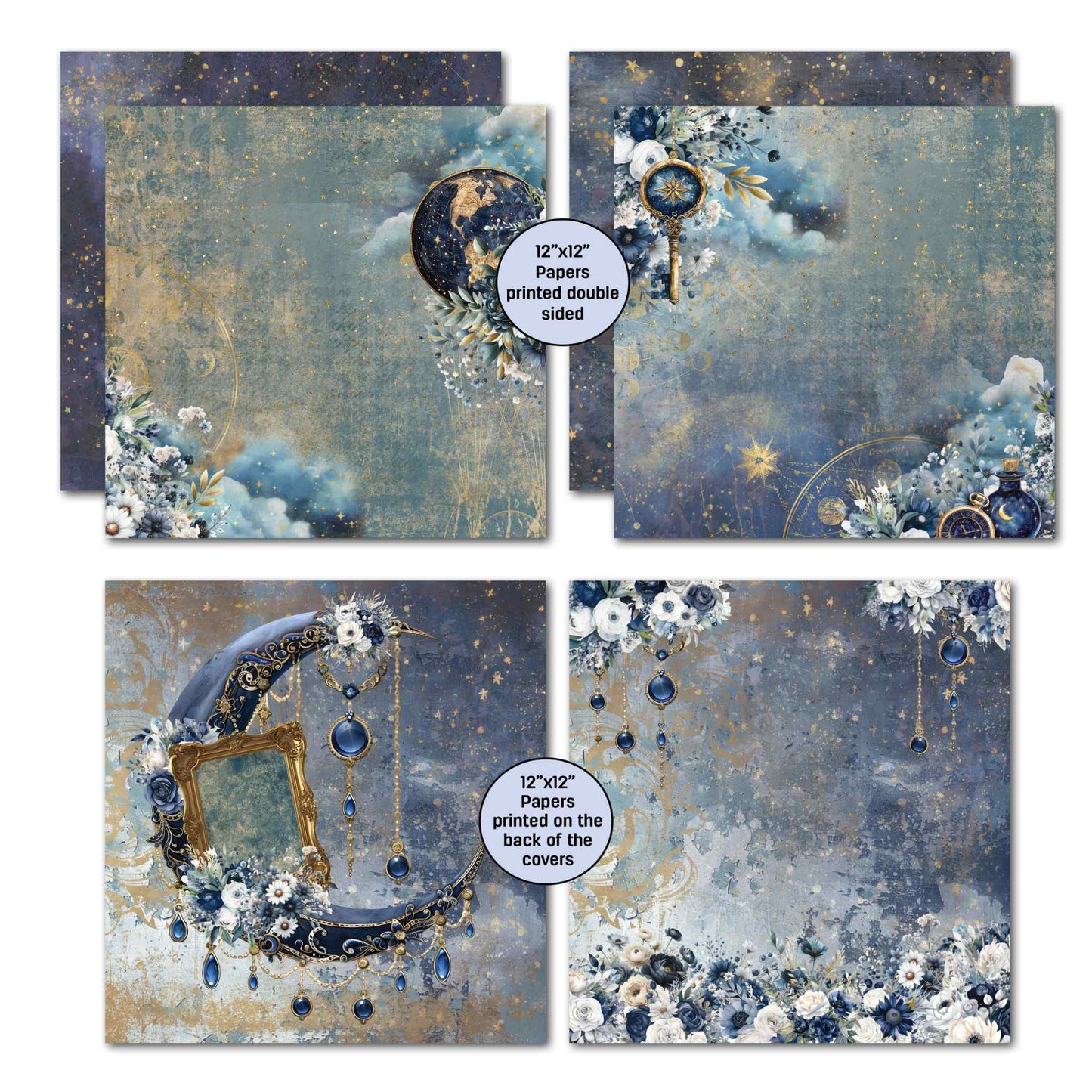 Lunar Horoscopes 12x12 papers showing ornate moon with gold frame, compass key, starry sky and floral designs plus 2 cover-back papers