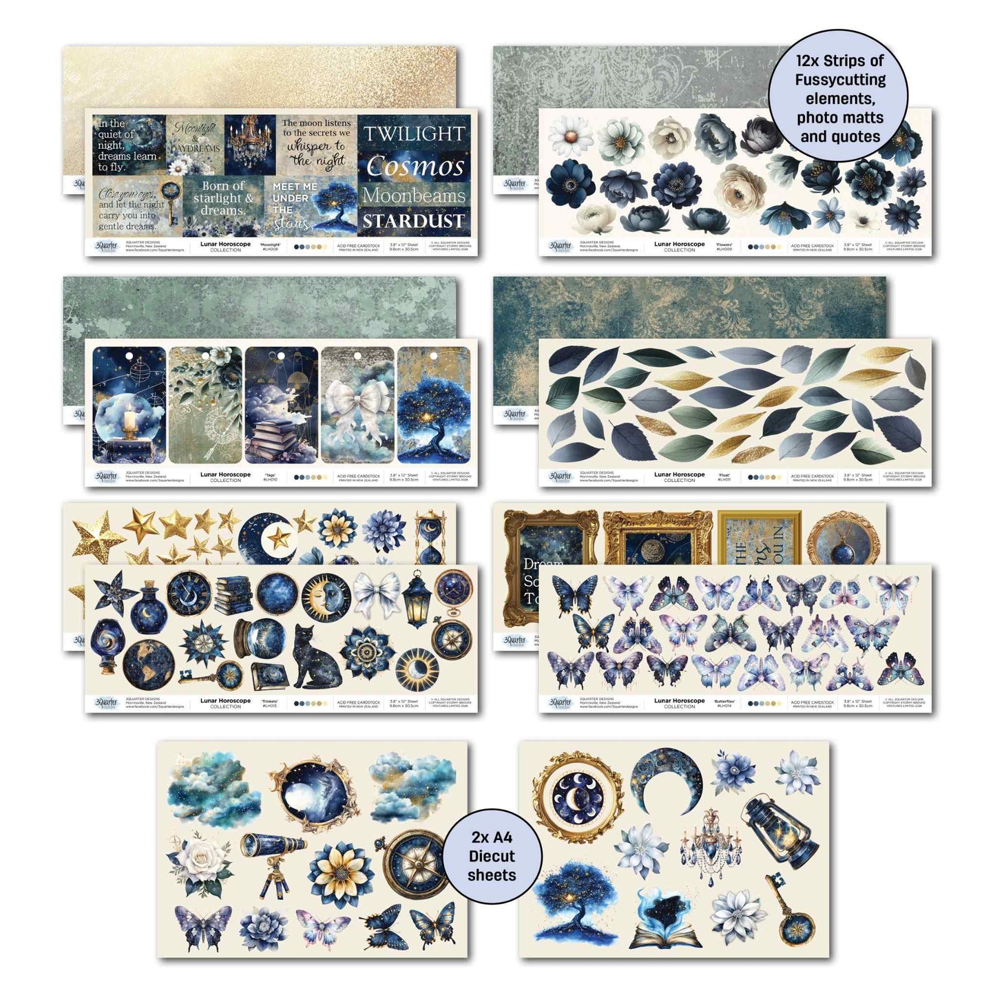 Lunar Horoscopes Collection Kit offcut strips showing moonbeam sentiments, floral fussy cutting elements, tags, leaves, stars, butterflies and framed photo mats alongside 2 A4 die-cut embellishment sheets with celestial moon, lantern, compass and butterfly elements