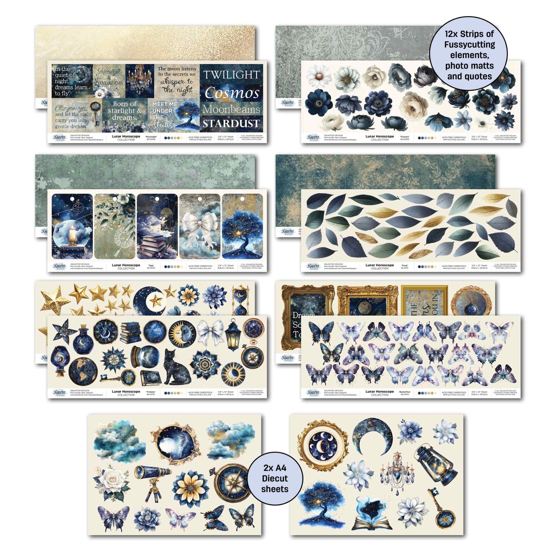 Lunar Horoscopes Collection Kit offcut strips showing moonbeam sentiments, floral fussy cutting elements, tags, leaves, stars, butterflies and framed photo mats alongside 2 A4 die-cut embellishment sheets with celestial moon, lantern, compass and butterfly elements