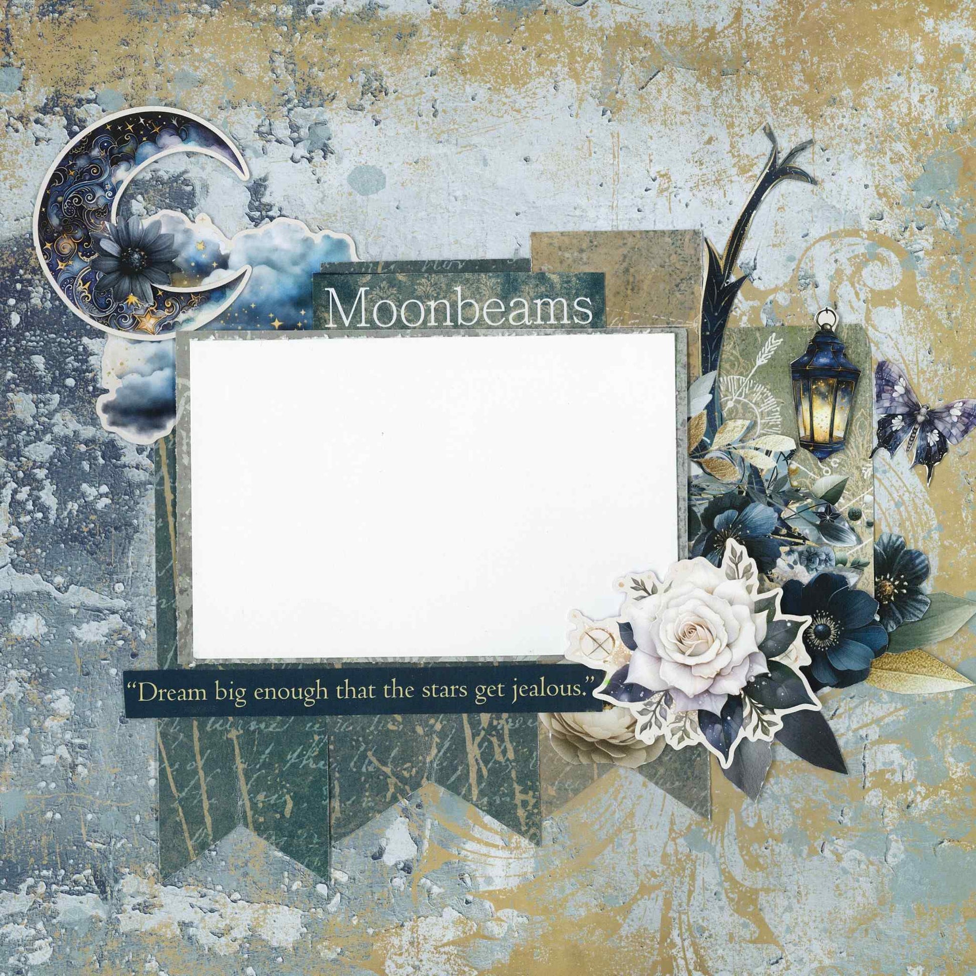 Lunar Horoscopes layout sample with crescent moon, lantern, butterfly, white roses and Moonbeams sentiment on teal and gold background