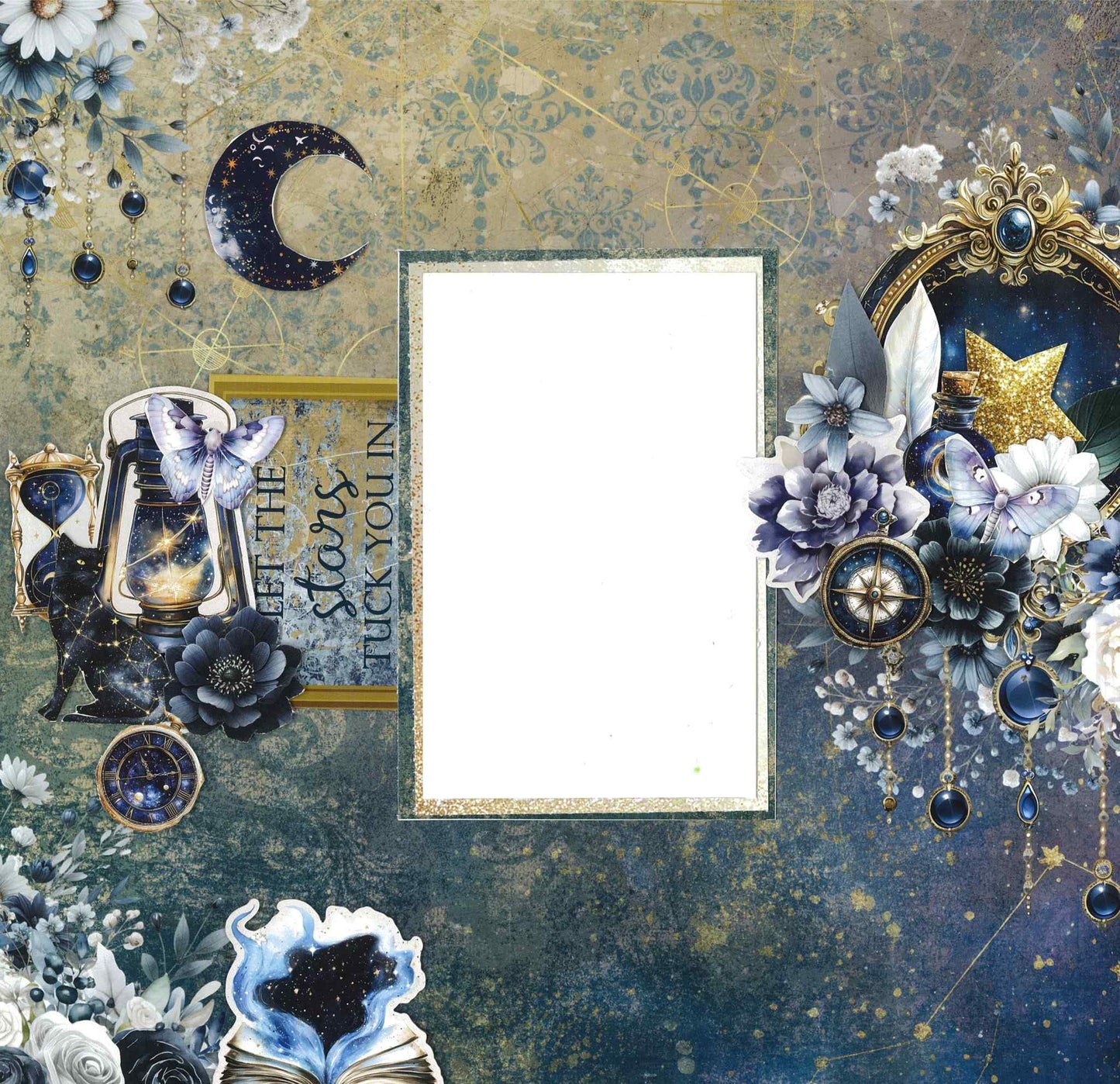 Lunar Horoscopes layout sample with black cat, lantern, crescent moon, compass, sapphire dangles and Let The Stars Tuck You In sentiment