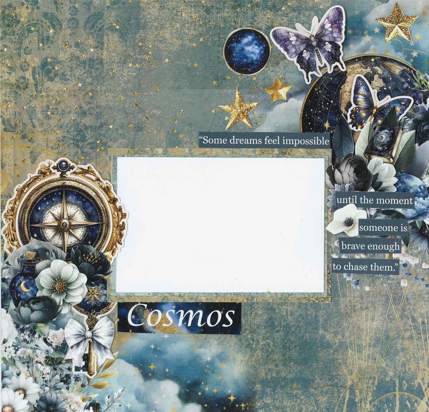 Lunar Horoscopes layout sample with compass, butterflies, gold stars, potion bottle and Cosmos sentiment on blue celestial background