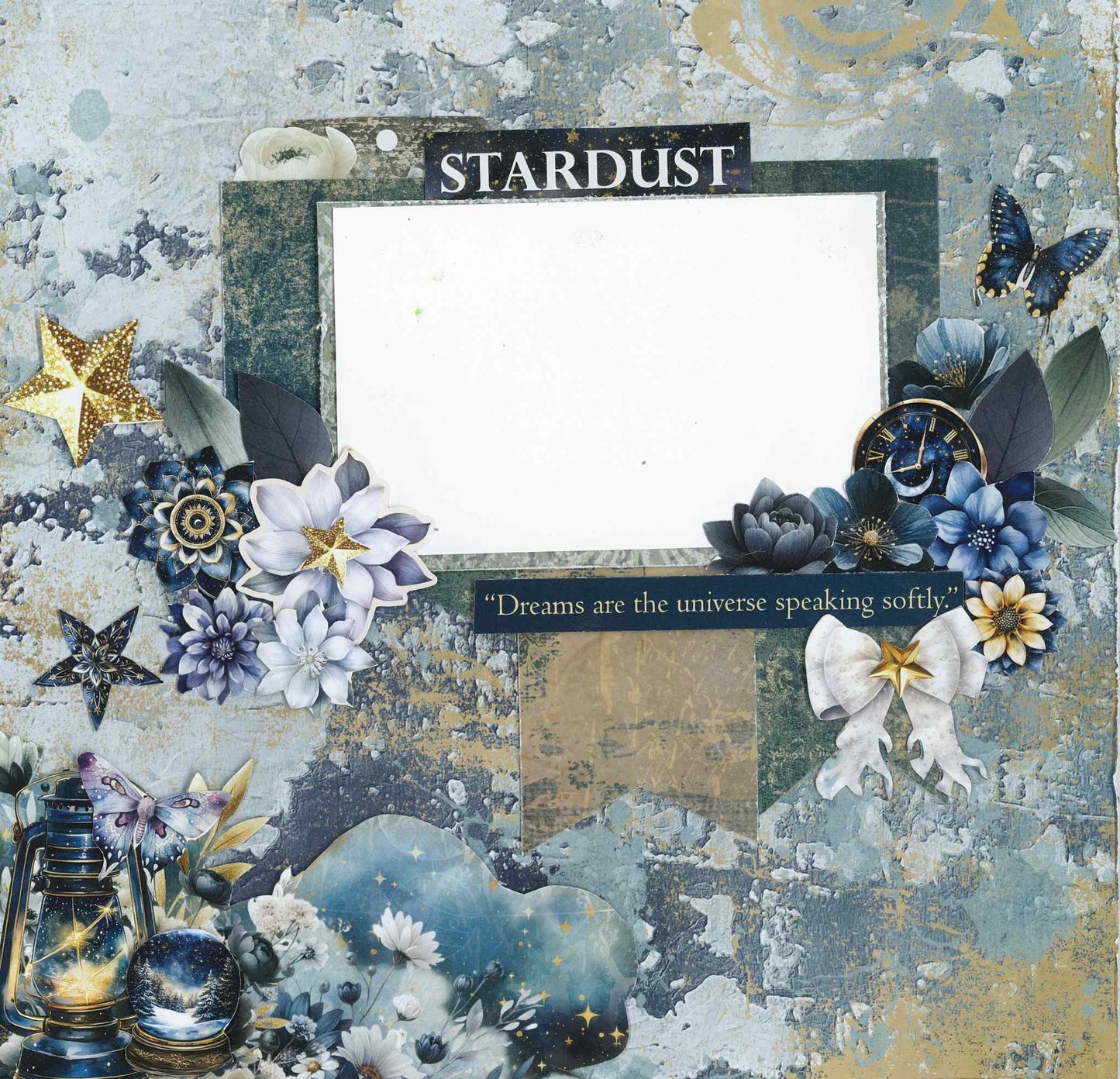 Lunar Horoscopes layout sample with lantern, snow globe, gold stars, blue florals and Stardust sentiment on textured blue-gold background
