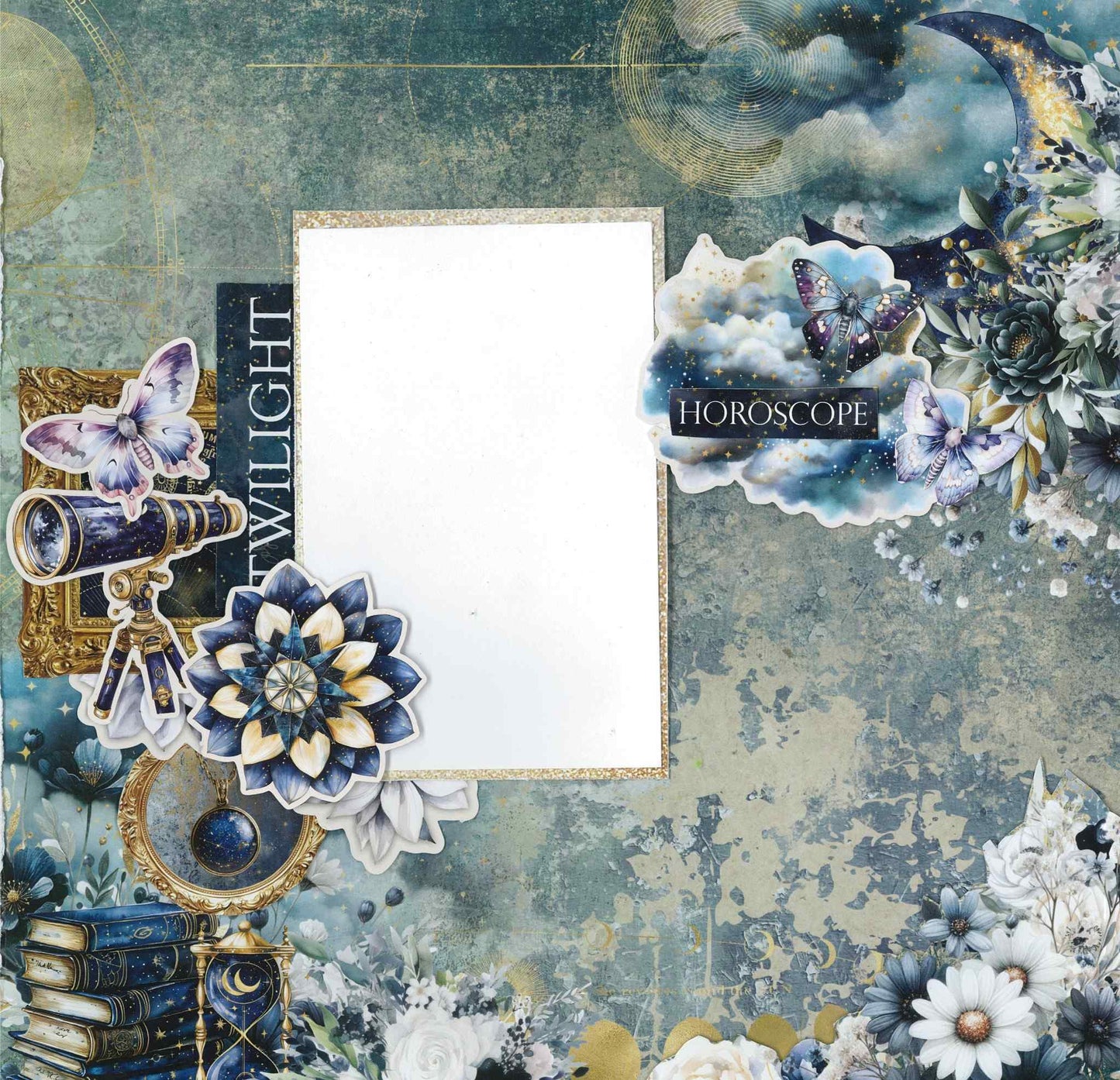 Lunar Horoscopes layout sample with telescope, stacked books, lotus flower, butterflies, crescent moon and Twilight and Horoscope sentiments