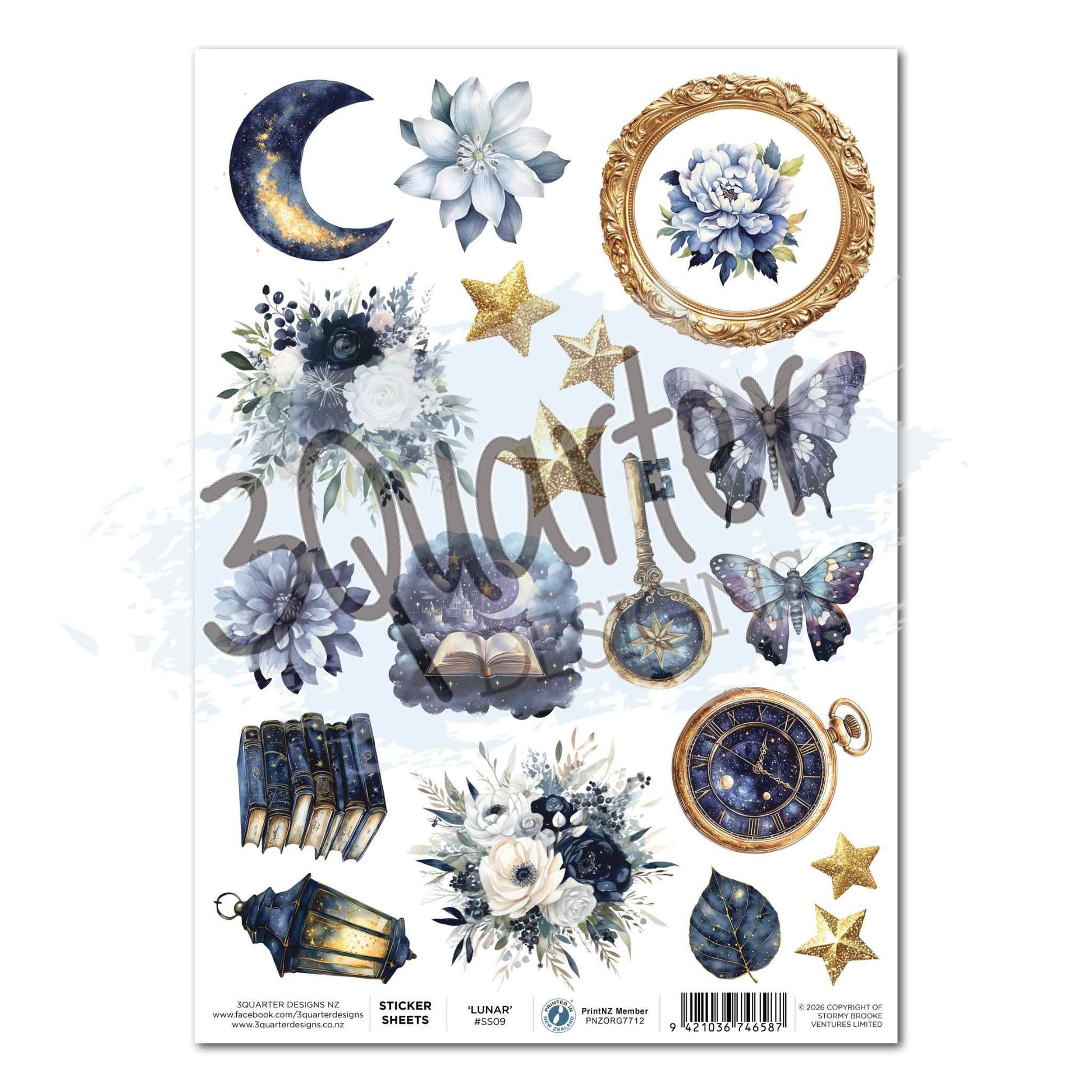 Lunar Horoscopes A4 sticker sheet with crescent moon, butterfly, compass key, lantern, pocket watch, stacked books, gold stars and navy florals