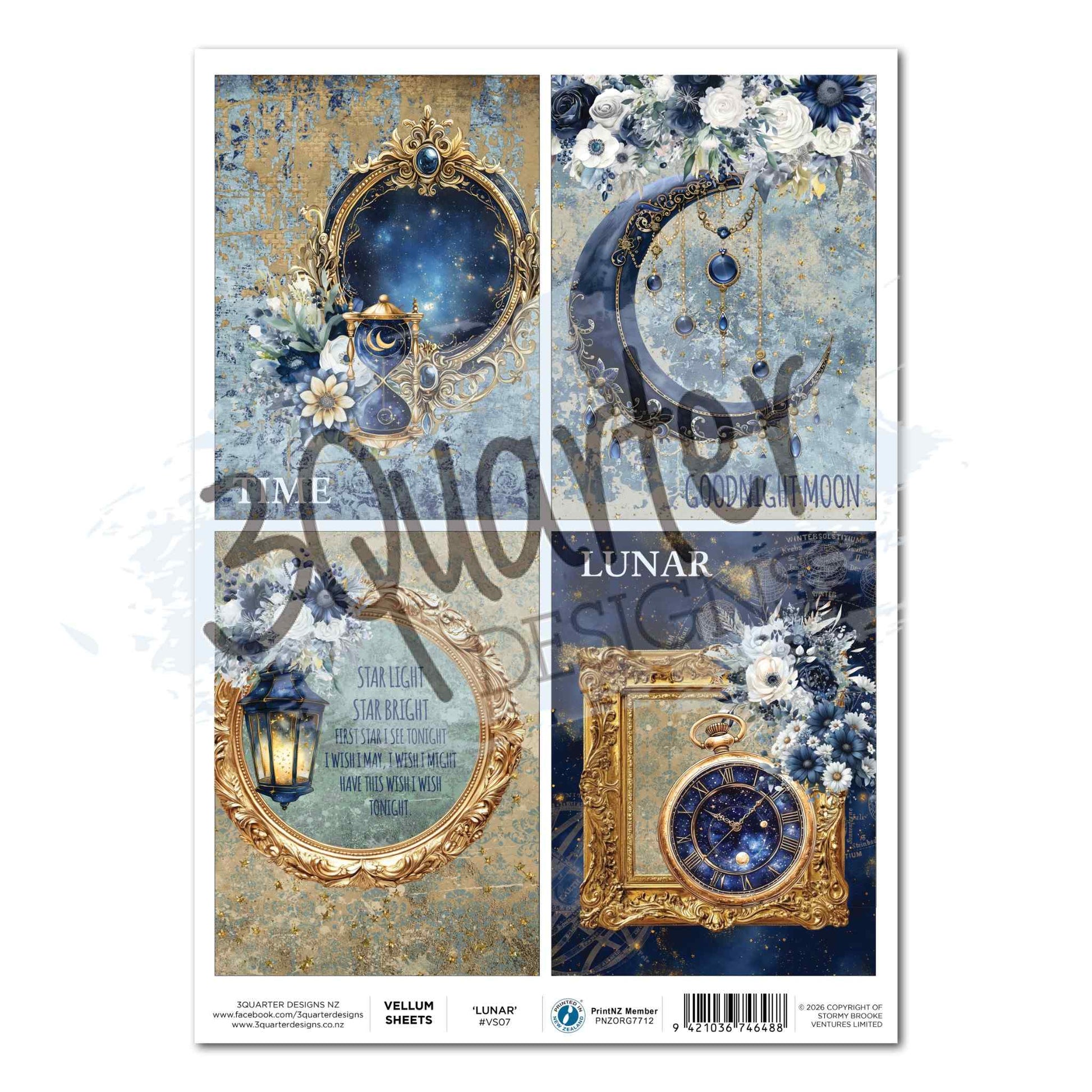 Lunar Horoscopes A4 vellum sheet with 4 panels: Time mirror, Goodnight Moon crescent, Star Light poem and Lunar clock in blue and gold