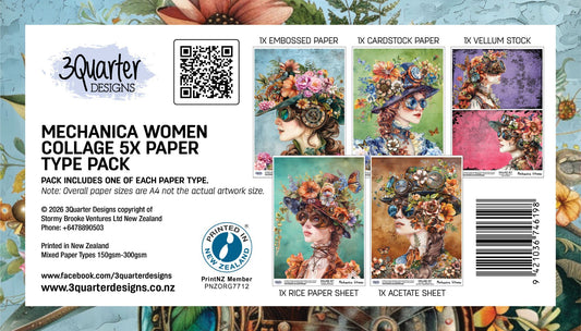 Floral Mechanica Mechanica Women Collage 5x Paper Type Pack by 3Quarter Designs — back cover showing steampunk lady artwork printed on five paper types: embossed paper, cardstock, vellum, rice paper, and acetate sheet in teal, mauve, and pink tones