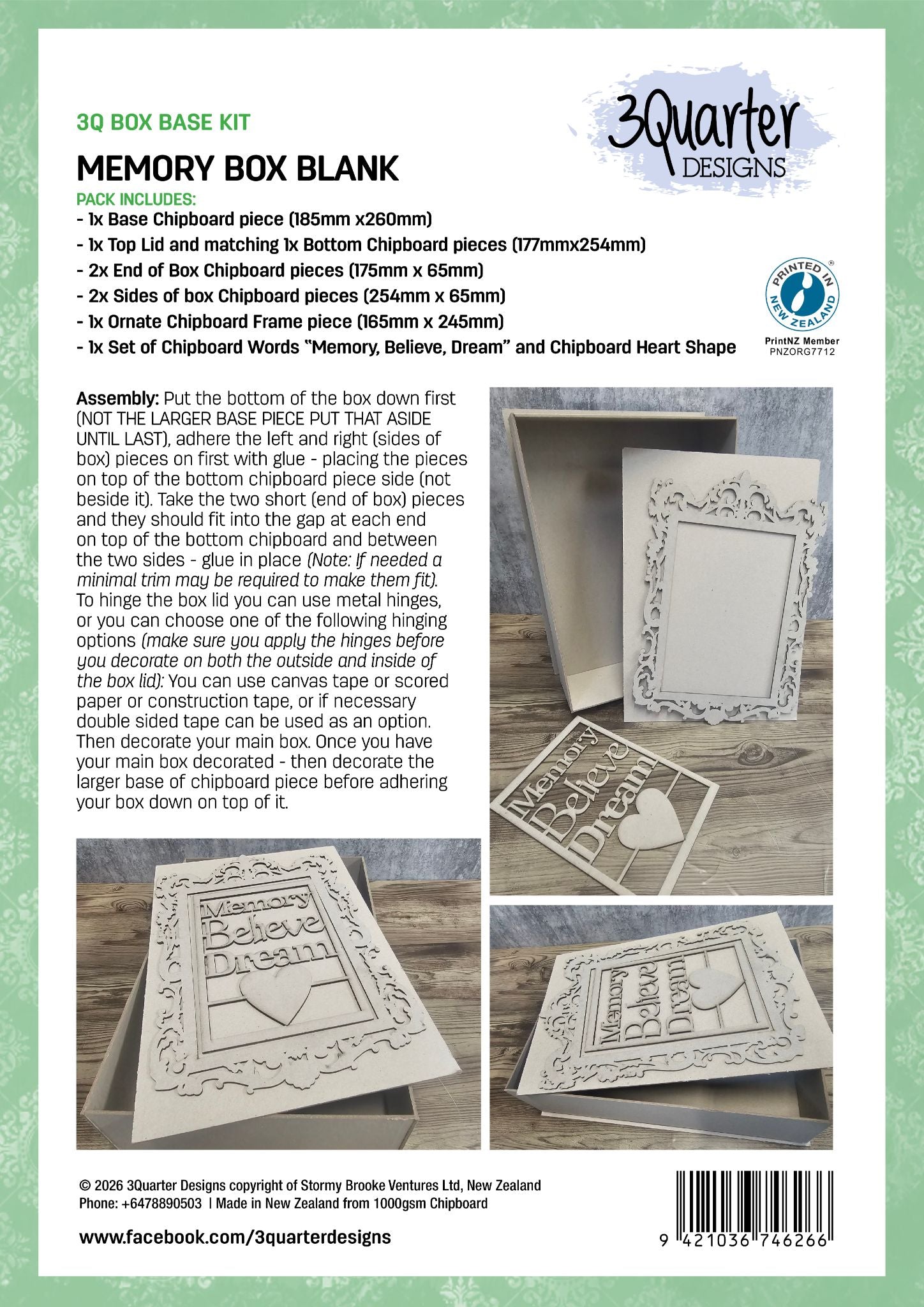 3Quarter Designs Memory Box Base Kit showing chipboard pieces including ornate frame, Memory Believe Dream word set, heart shape and assembled box with lid on timber background