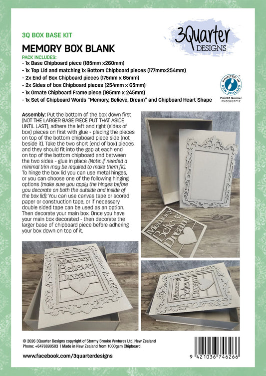 3Quarter Designs Memory Box Base Kit showing chipboard pieces including ornate frame, Memory Believe Dream word set, heart shape and assembled box with lid on timber background