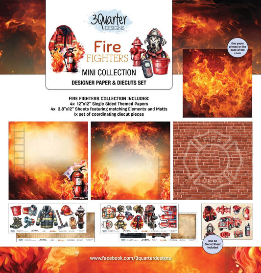 3Quarter Designs Fire Fighters Mini Collection cover showing 12x12 papers, die-cuts, elements sheets and A5 diecut sheet contents