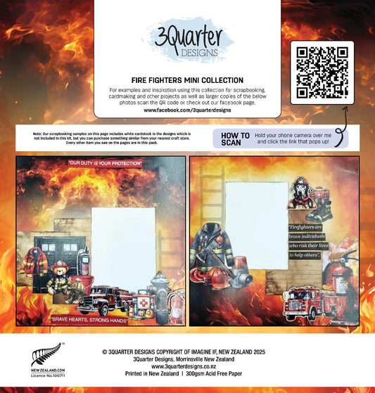 Back of 3Quarter Designs Fire Fighters Mini Collection pack showing two suggested double-page scrapbook layout examples with Brave Hearts Strong Hands quote