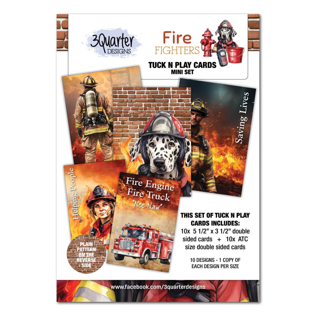 3Quarter Designs Fire Fighters Tuck 'n' Play Cards Mini Set cover showing Dalmatian, fire fighter and fire truck card designs