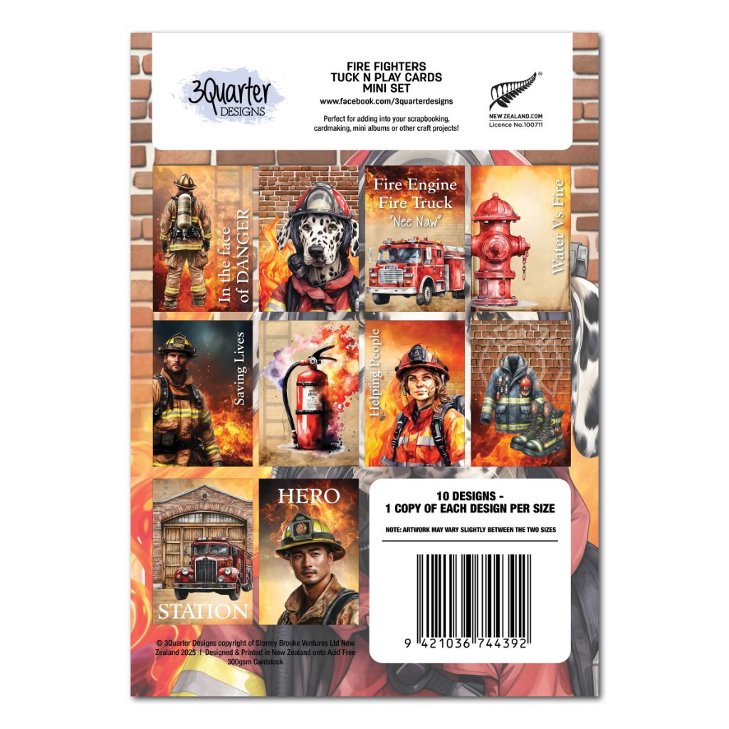 Back of 3Quarter Designs Fire Fighters Tuck 'n' Play Cards showing all 10 designs including In the Face of Danger, Saving Lives, Helping People, Hero and Station 