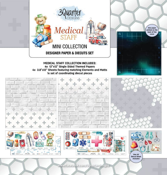 3Quarter Designs Medical Staff Mini Collection cover showing 12x12 papers, die-cuts and elements sheet contents