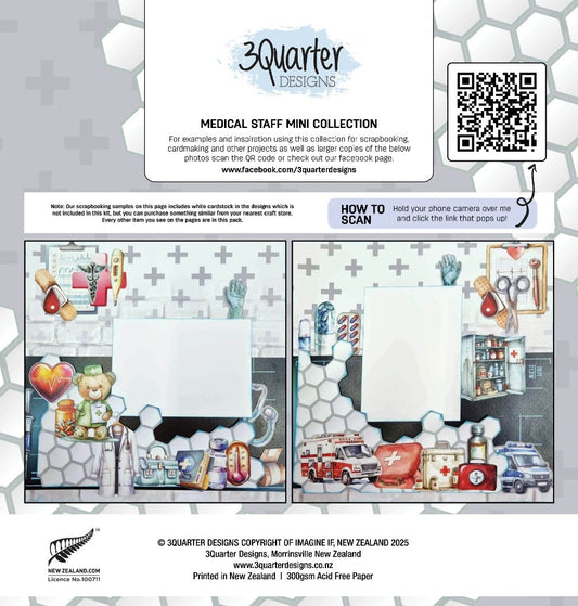 Back of 3Quarter Designs Medical Staff Mini Collection pack showing two suggested double-page scrapbook layout examples