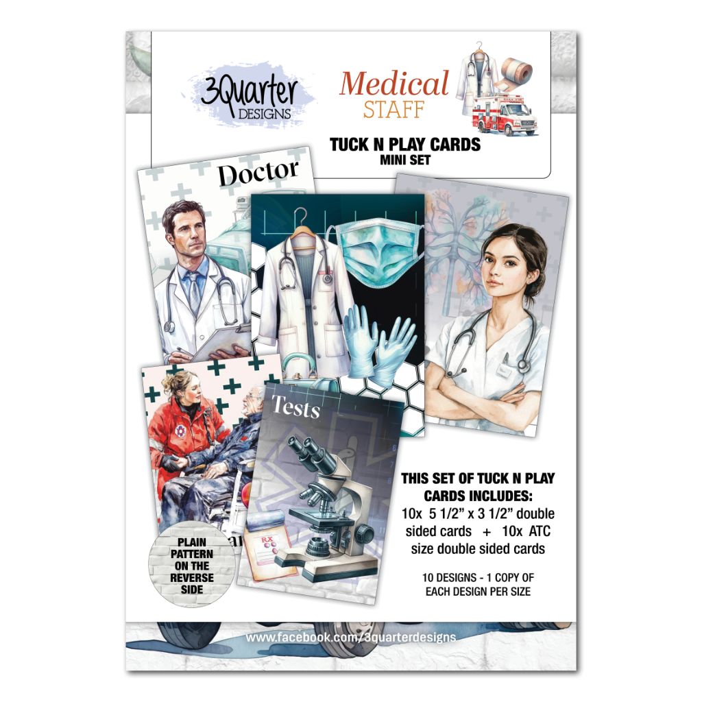 3Quarter Designs Medical Staff Tuck 'n' Play Cards Mini Set front cover showing Doctor, Nurse, Paramedic and Tests card designs