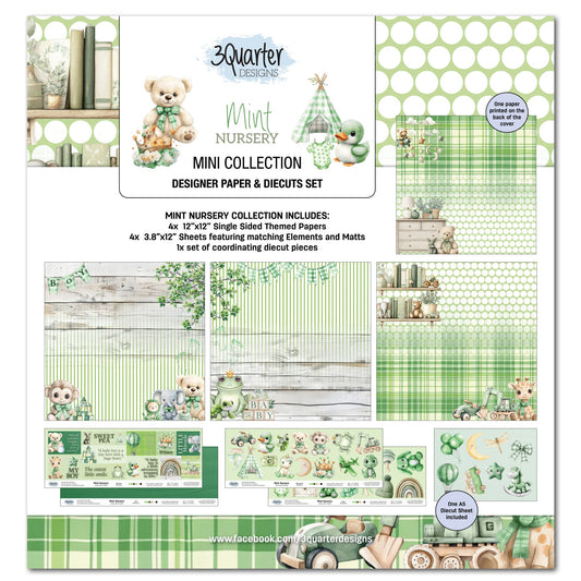 3Quarter Designs Mint Nursery Mini Scrapbook Collection Kit cover showing pack contents including 12x12 papers, offcut strips and die-cut sheet in soft mint green with baby animals and nursery toy designs