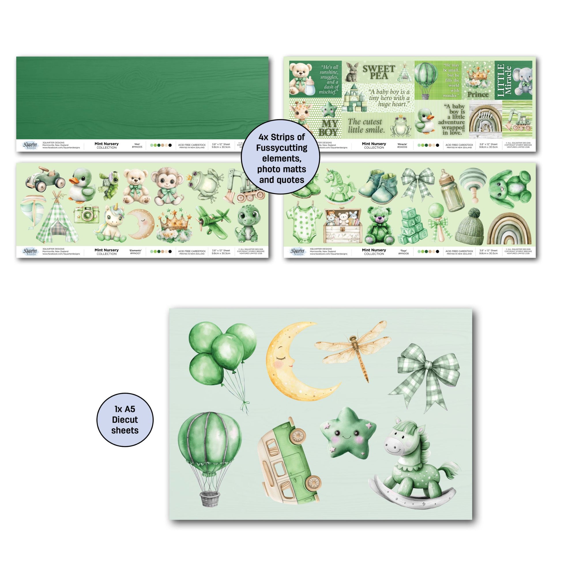 3Quarter Designs Mint Nursery kit extras showing four 3.8x12 offcut strips with dark green photo mats, quotes, elements and toys, plus A5 die-cut sheet with green balloons, hot air balloon, moon, dragonfly, bow and rocking horse