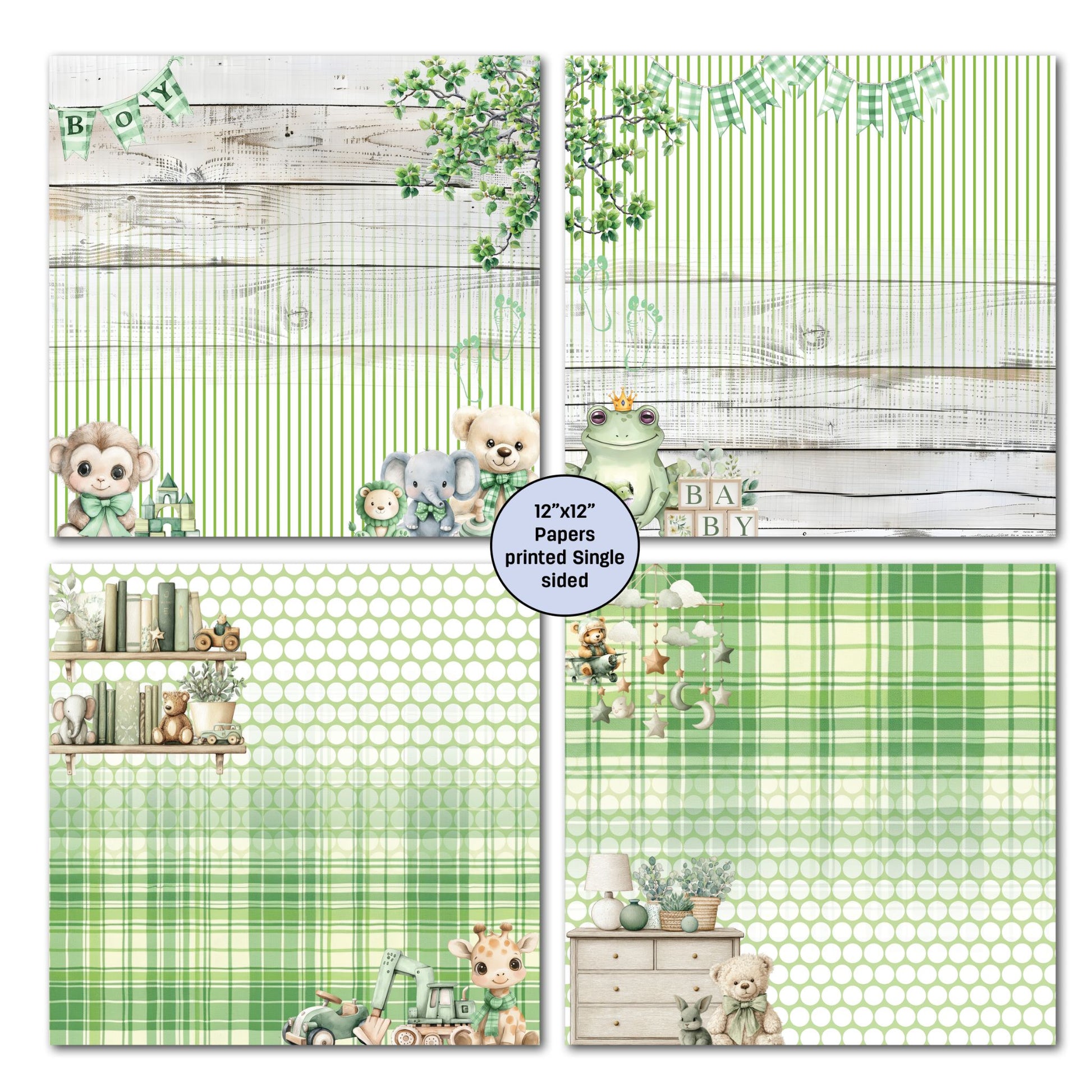 3Quarter Designs Mint Nursery four 12x12 single-sided papers showing baby animals with BOY bunting, frog prince with BABY blocks, nursery shelf with giraffe and toy train, and dresser with teddy bear on mint green polka dots and plaid