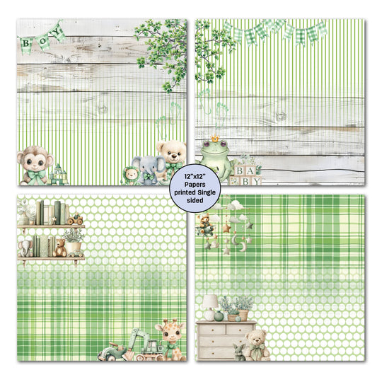 3Quarter Designs Mint Nursery four 12x12 single-sided papers showing baby animals with BOY bunting, frog prince with BABY blocks, nursery shelf with giraffe and toy train, and dresser with teddy bear on mint green polka dots and plaid