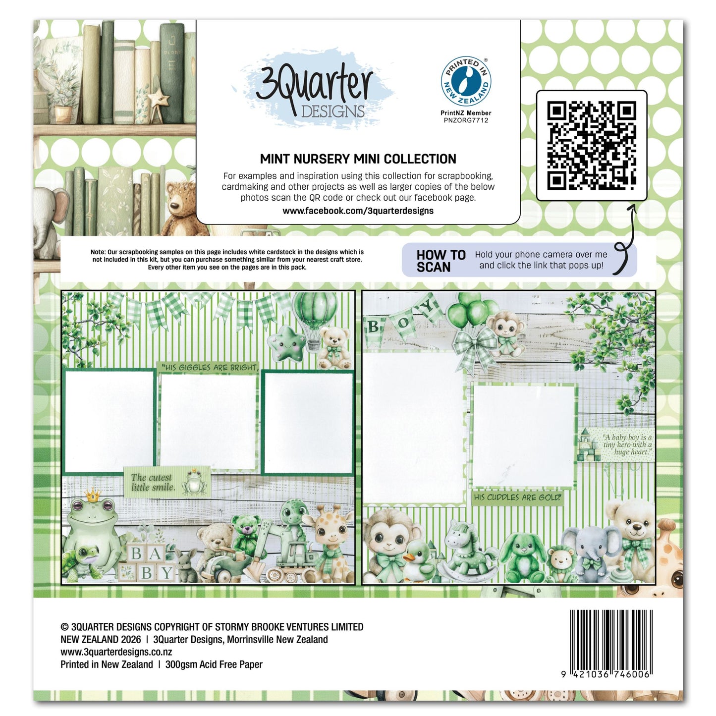 3Quarter Designs Mint Nursery Mini Scrapbook Collection Kit reverse showing two sample double page scrapbook layouts featuring baby animals, frog prince, balloons and nursery toys in soft mint green