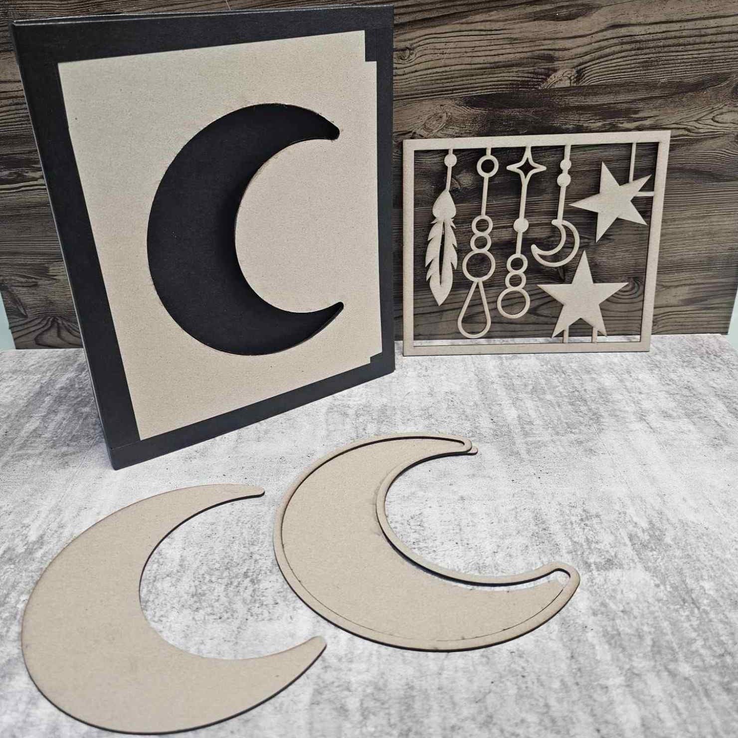 3Quarter Designs Moon Album Base Kit with square chipboard cover featuring moon cut-out and three crescent moon chipboard pieces