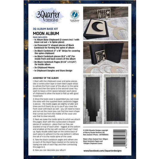 3Quarter Designs Moon Album Base Kit packaging showing full contents list and assembly instructions.