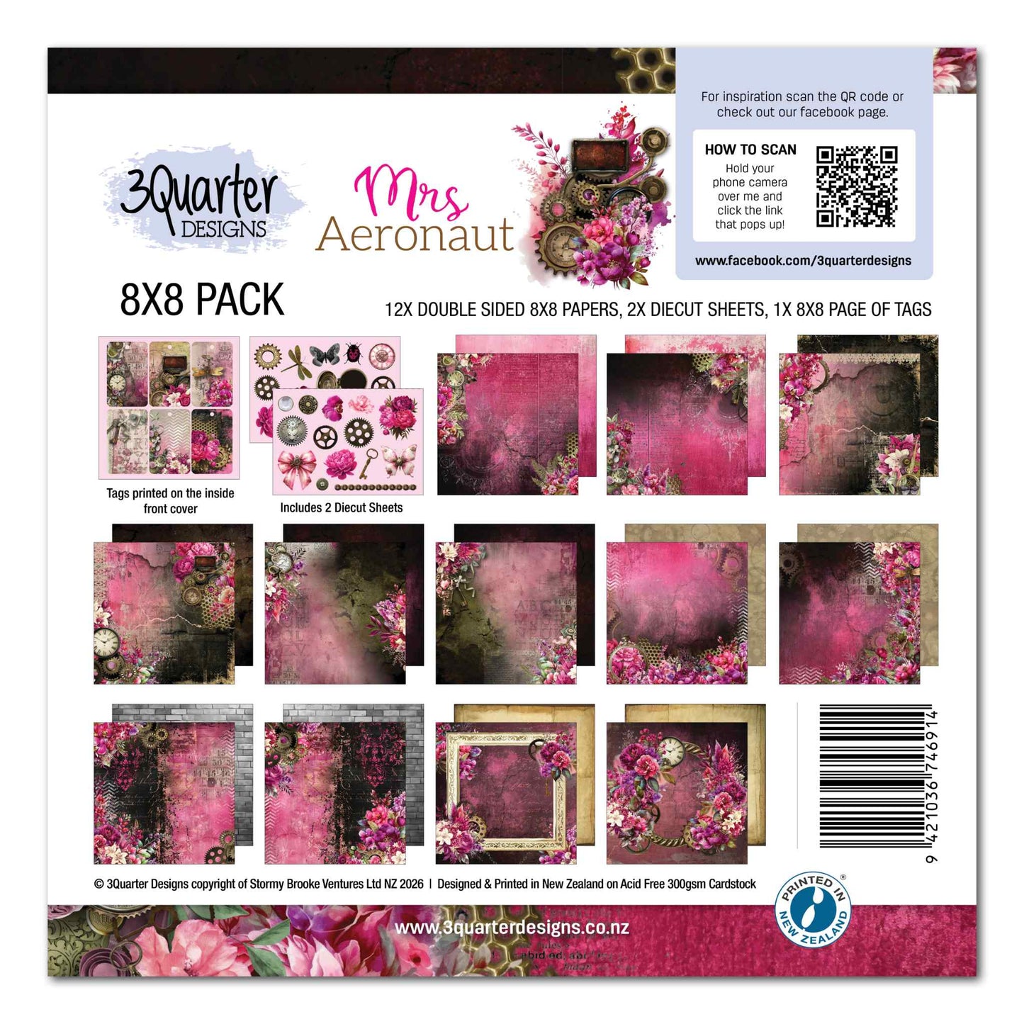 3Quarter Designs Mrs Aeronaut 8x8 Paper Pack cover showing all 12 double-sided papers, 2 die-cut sheets and tag page with cerise plum and dark floral steampunk designs on 300gsm acid-free cardstock