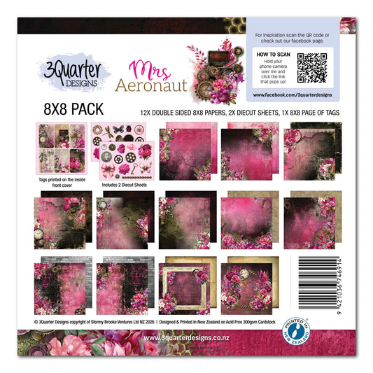 3Quarter Designs Mrs Aeronaut 8x8 Paper Pack cover showing all 12 double-sided papers, 2 die-cut sheets and tag page with cerise plum and dark floral steampunk designs on 300gsm acid-free cardstock