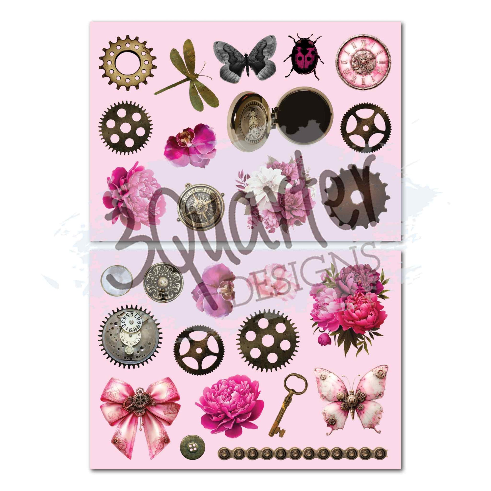 3Quarter Designs Mrs Aeronaut 8x8 Paper Pack showing 2 die-cut sheets on pink background with steampunk gears, dragonfly, butterfly, ladybird, clock face, compass locket, orchid, peonies, cerise bow, brass key, button and chain detail