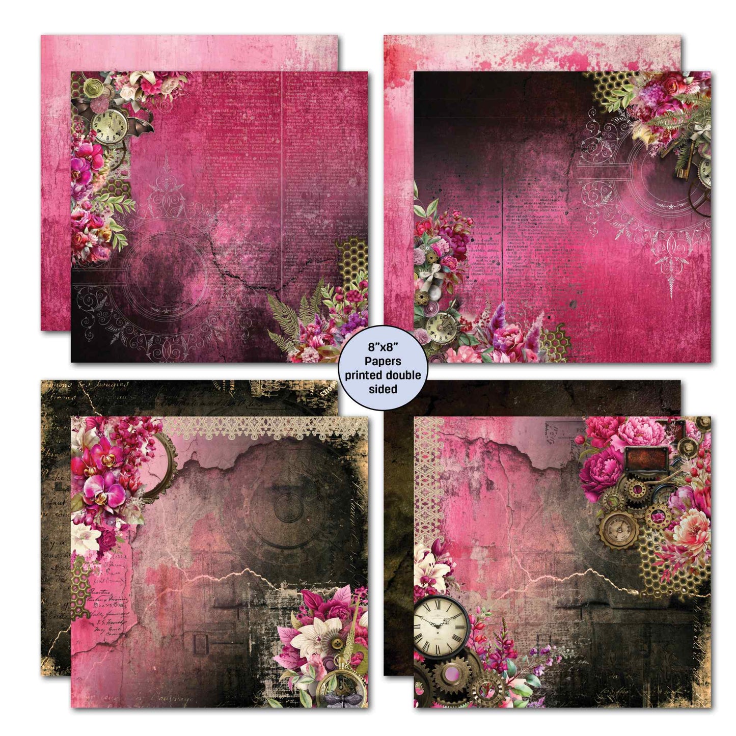 3Quarter Designs Mrs Aeronaut 8x8 double-sided papers showing 4 designs with distressed cerise and dark backgrounds featuring peonies, orchids, lilies, vintage clock, brass compass, lace and script writing details