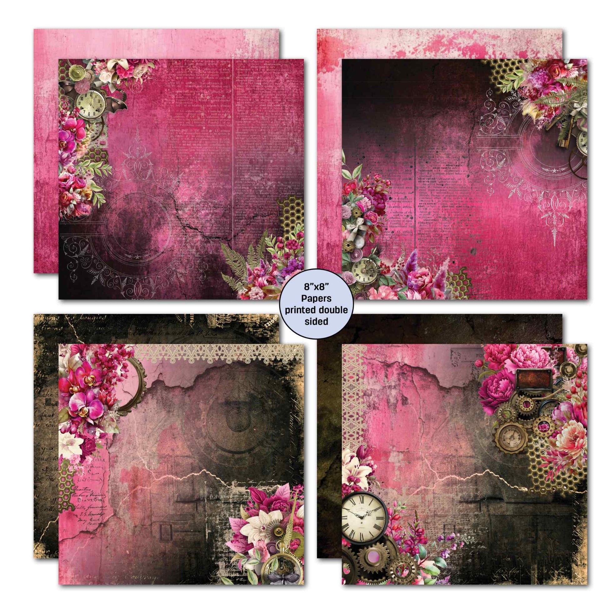 3Quarter Designs Mrs Aeronaut 8x8 double-sided papers showing 4 designs with distressed cerise and dark backgrounds featuring peonies, orchids, lilies, vintage clock, brass compass, lace and script writing details