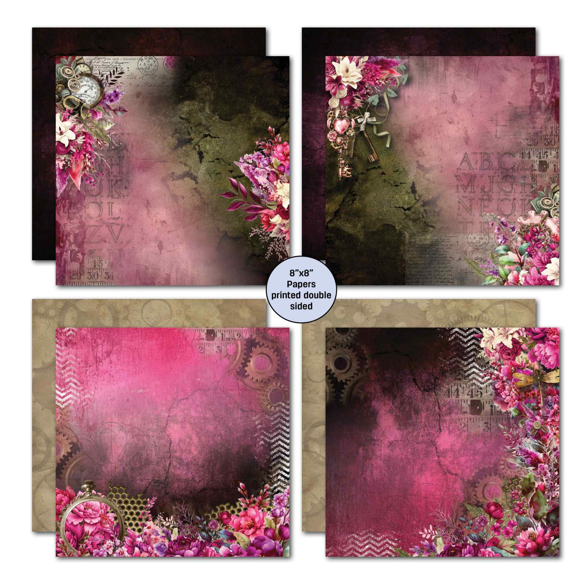 3Quarter Designs Mrs Aeronaut 8x8 double-sided papers showing 4 designs with dark olive and cerise backgrounds featuring steampunk gears, vintage clock, brass key, alphabet, ruler, chevron and mixed floral details