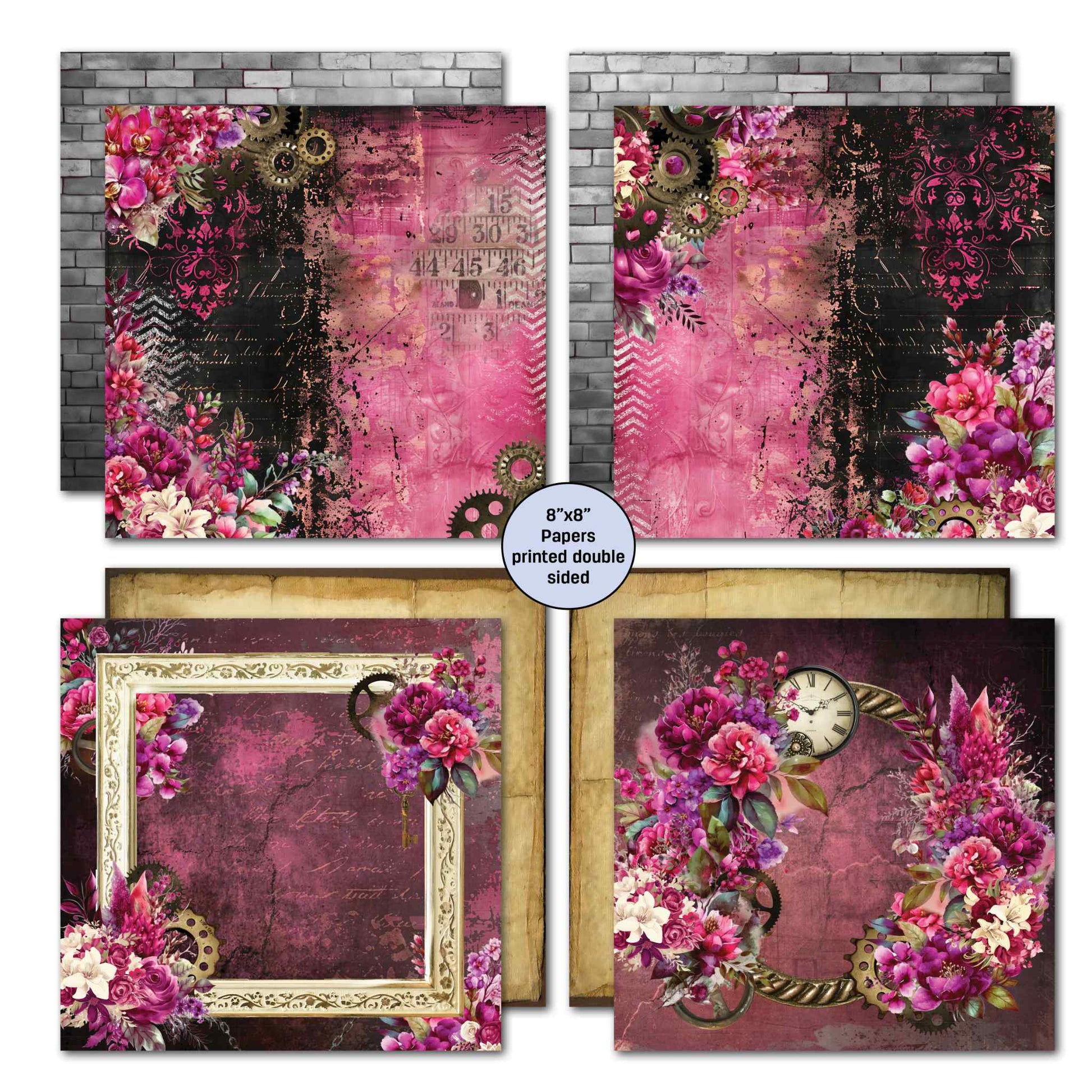3Quarter Designs Mrs Aeronaut 8x8 double-sided papers showing 4 designs including cerise and black striped damask, dark floral with gears, ornate gold frame on plum background, and floral wreath with vintage clock and gears