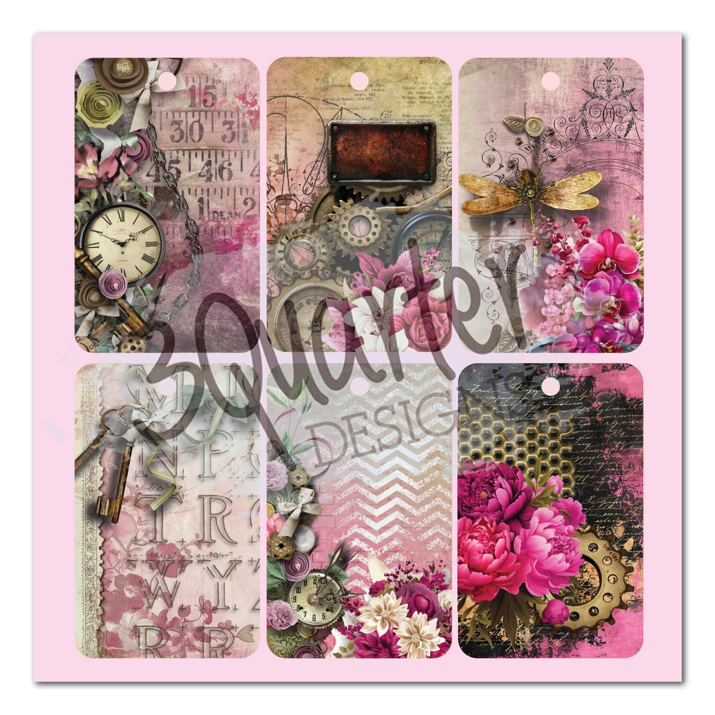 3Quarter Designs Mrs Aeronaut 8x8 tag page showing 6 die-cut tags featuring vintage clock with brass key, steampunk gears with rust panel, golden dragonfly with orchids, alphabet with keys, chevron with florals, and cerise peony with honeycomb gear