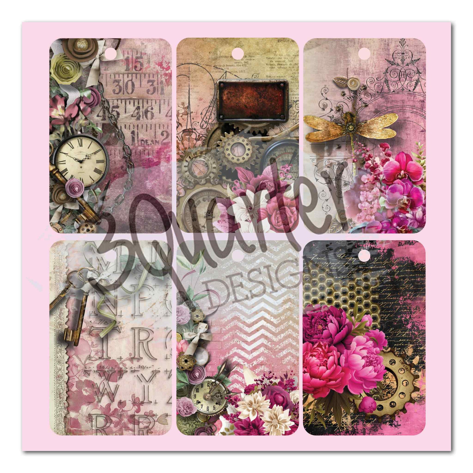 3Quarter Designs Mrs Aeronaut 8x8 tag page showing 6 die-cut tags featuring vintage clock with brass key, steampunk gears with rust panel, golden dragonfly with orchids, alphabet with keys, chevron with florals, and cerise peony with honeycomb gear