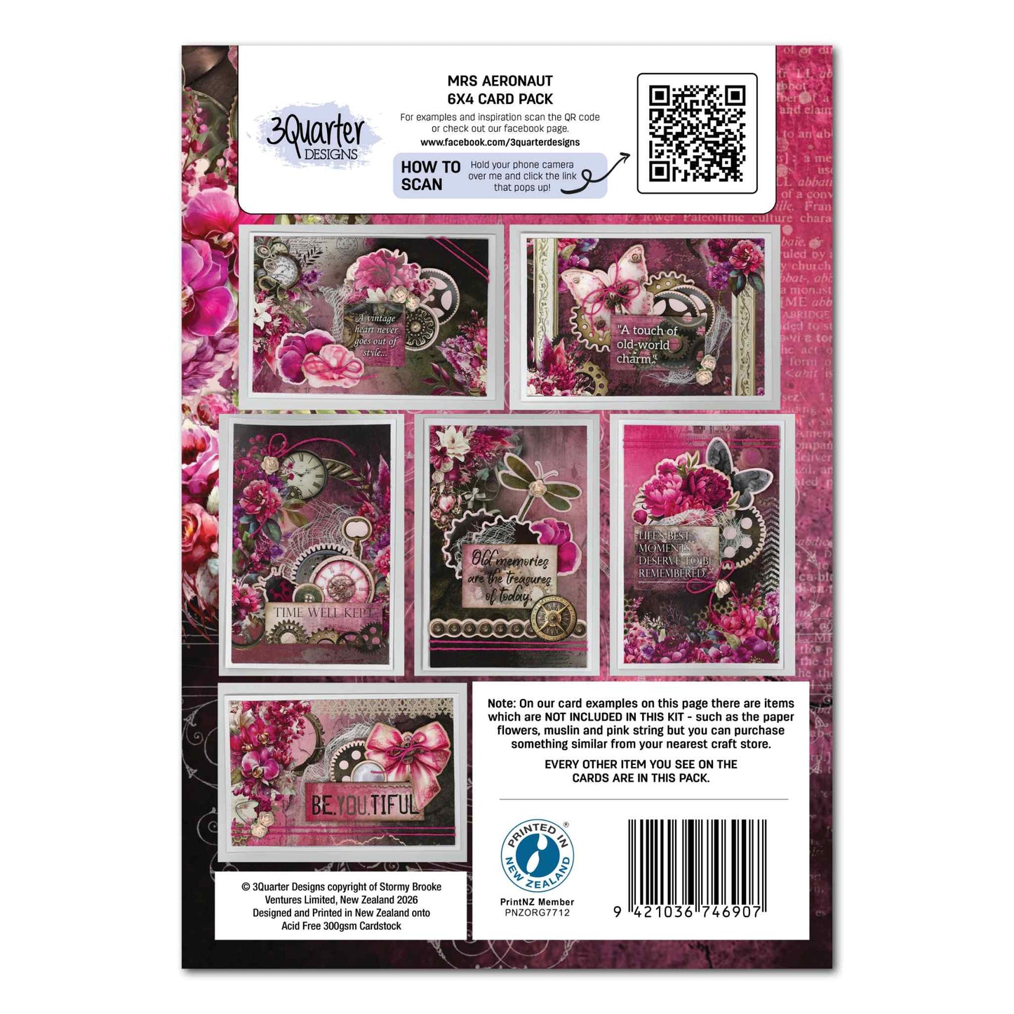 3Quarter Designs Mrs Aeronaut 6x4 Card Making Kit back cover showing 6 card samples that can be made from the kit. 