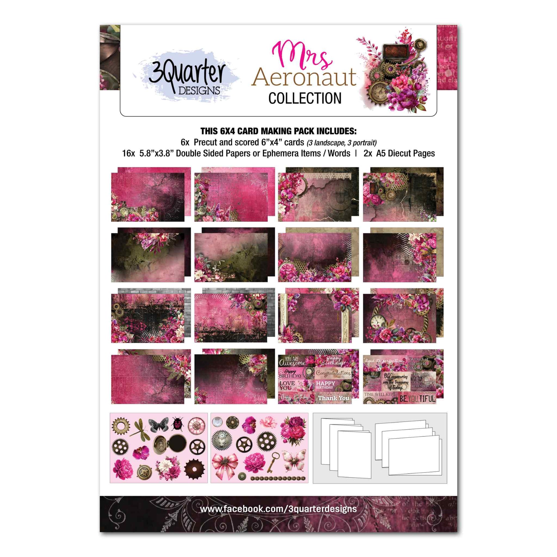 3Quarter Designs Mrs Aeronaut 6x4 Card Making Kit cover showing pack contents including 16 double-sided papers, 2 die-cut sheets and 6 white card bases on 300gsm acid-free cardstock