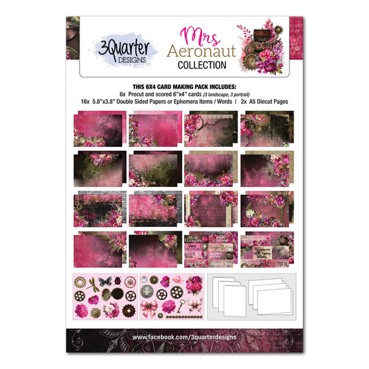 3Quarter Designs Mrs Aeronaut 6x4 Card Making Kit cover showing pack contents including 16 double-sided papers, 2 die-cut sheets and 6 white card bases on 300gsm acid-free cardstock