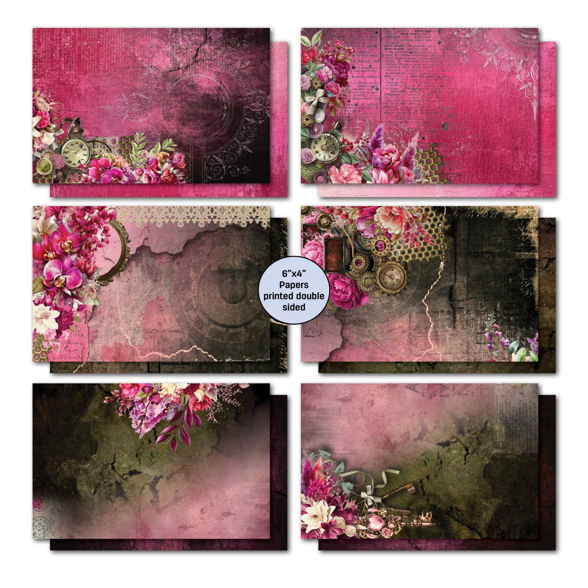 3Quarter Designs Mrs Aeronaut 6x4 card kit showing 6 double-sided papers with cerise, plum and dark backgrounds featuring peonies, orchids, steampunk gears, vintage clocks and lace details, with part of the reverse designs visible
