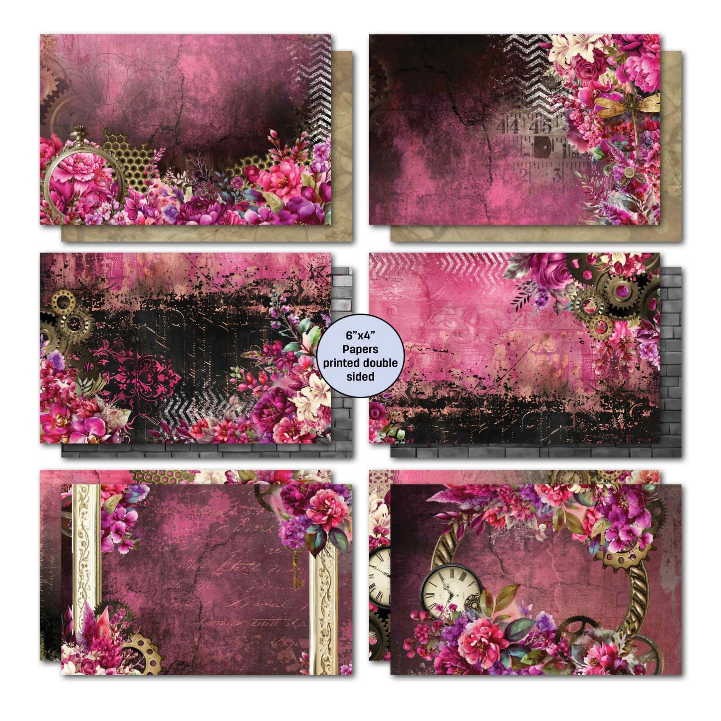 3Quarter Designs Mrs Aeronaut 6x4 card kit showing 6 double-sided papers with dark botanical, script writing, ornate frame and mixed floral designs, with part of the reverse designs visible